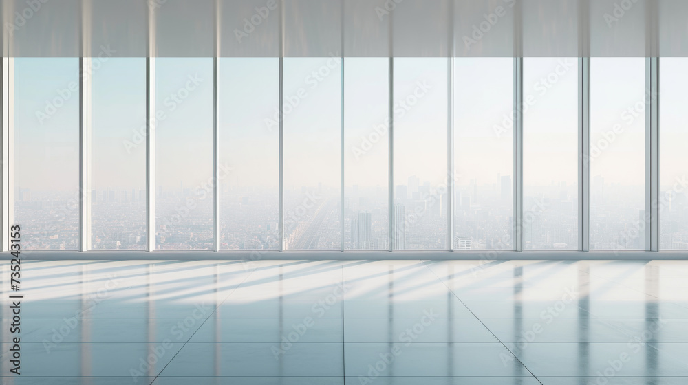 interior view from a modern office, with a clear sightline through large floor-to-ceiling windows that offer a panoramic view of a city skyline in a soft, diffused light interior view from a modern office, with a clear sightline through large floor-to-ceiling windows that offer a panoramic view of a city skyline in a soft, diffused light