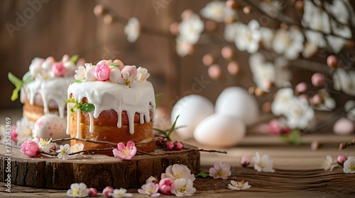 Delicious easter cake surrounded by spring blossoms and decorations. ideal for festive occasions. sweet, homemade dessert imagery. AI photo