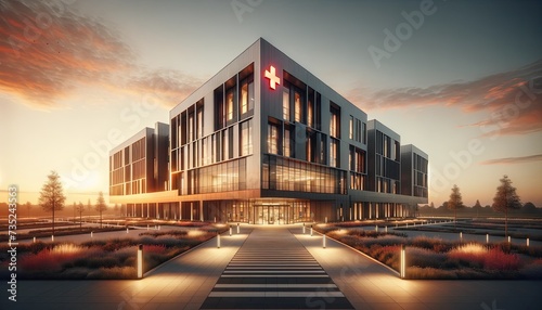 Dramatic Sunset Sky Behind a State-of-the-Art Hospital Emphasizing Emergency Healthcare photo