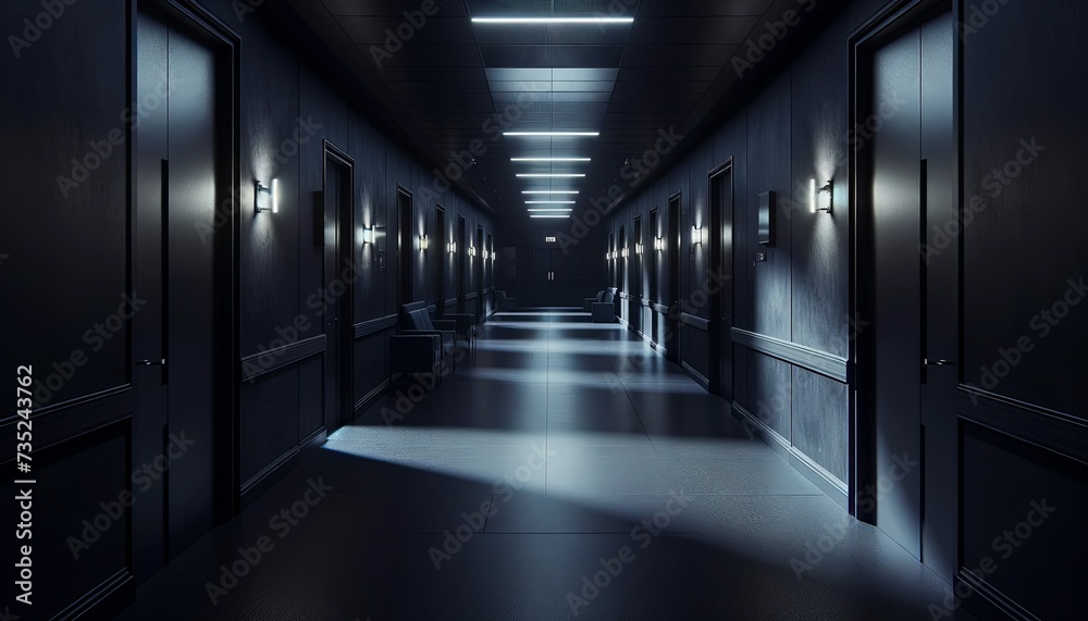 Dark Hospital Corridor with Sleek Dark Walls Illuminated by Blue Overhead Lights, Conveying a Sense of Mystery