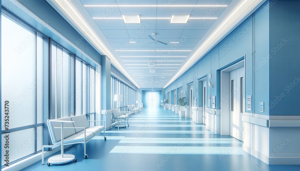  Bright and Airy Hospital Hallway or Corridor with Soft Blue Tones Promoting a Sense of Cleanliness and Order