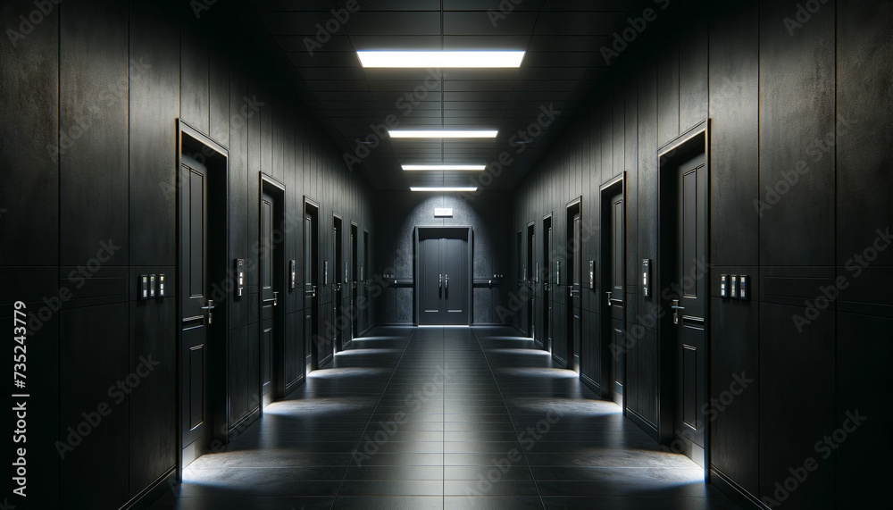 Dark Hospital Corridor with Sleek Dark Walls Illuminated by Blue Overhead Lights, Conveying a Sense of Mystery Dark Hospital Corridor with Sleek Dark Walls Illuminated by Blue Overhead Lights, Conveying a Sense of Mystery