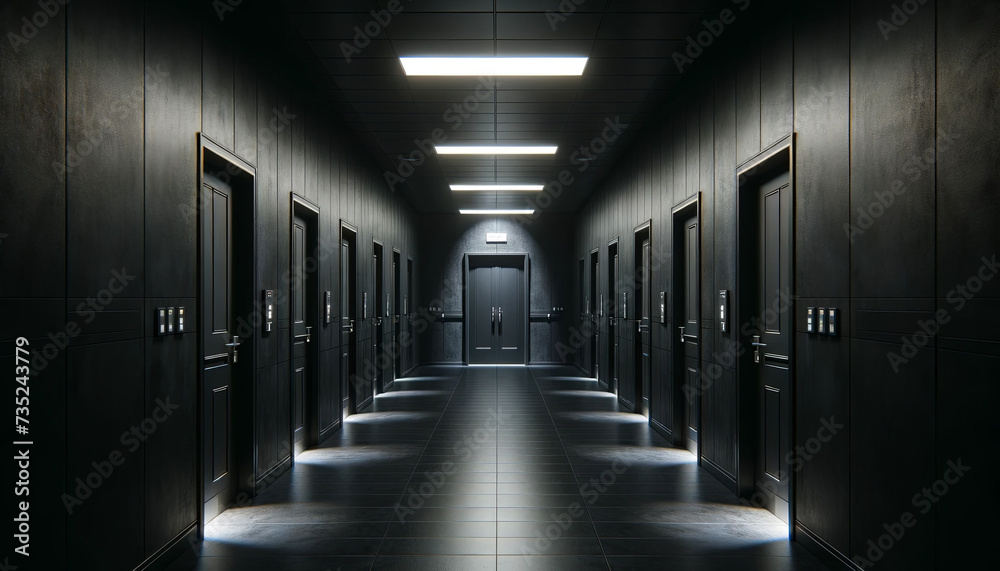 Dark Hospital Corridor with Sleek Dark Walls Illuminated by Blue Overhead Lights, Conveying a Sense of Mystery