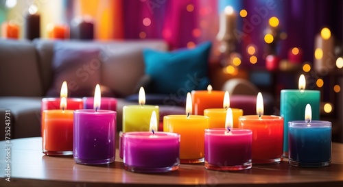 Colorful candles on a table in a living room