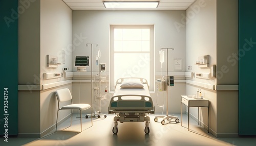 Minimalist Hospital Room with Sunlight Streaming in  Highlighting the Essential Medical Equipment