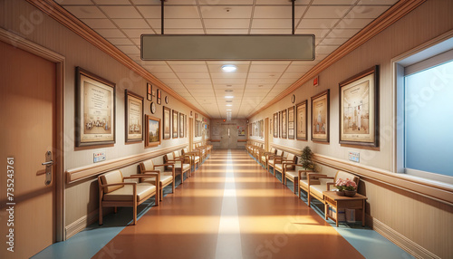 Inviting Hospital Corridor with Warm Light, Comfortable Seating, and Informative Signage © Alex Bayev