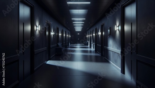 Dark Hospital Corridor with Sleek Dark Walls Illuminated by Blue Overhead Lights, Conveying a Sense of Mystery