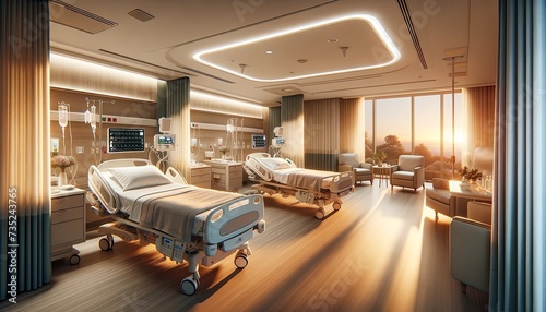 Luxurious Hospital Room with Two Beds, Ward at Sunset with Ambient Lighting and a Comforting Atmosphere for Recovery