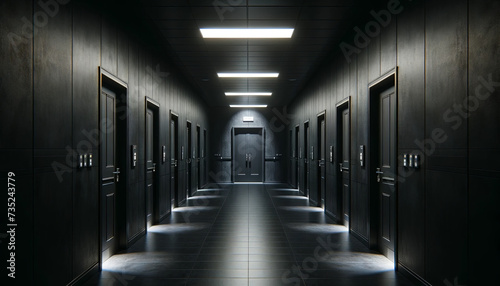 Dark Hospital Corridor with Sleek Dark Walls Illuminated by Blue Overhead Lights, Conveying a Sense of Mystery