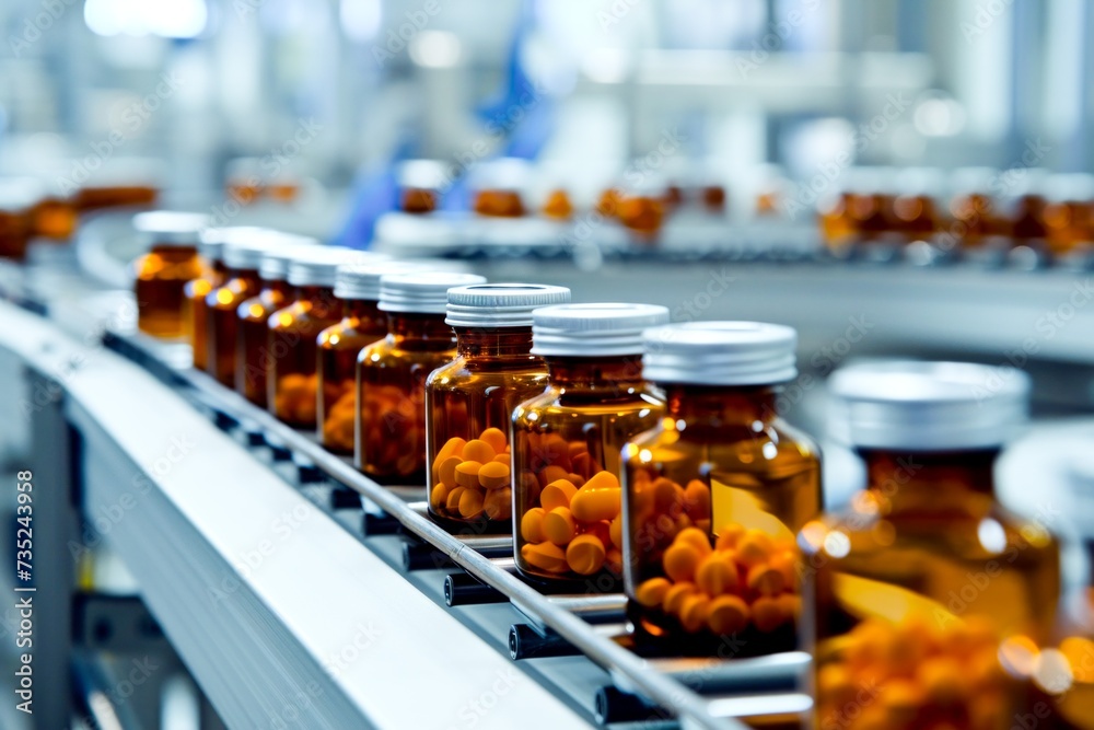 Bottles of medicine on an automated production line in a pharmaceutical factory.