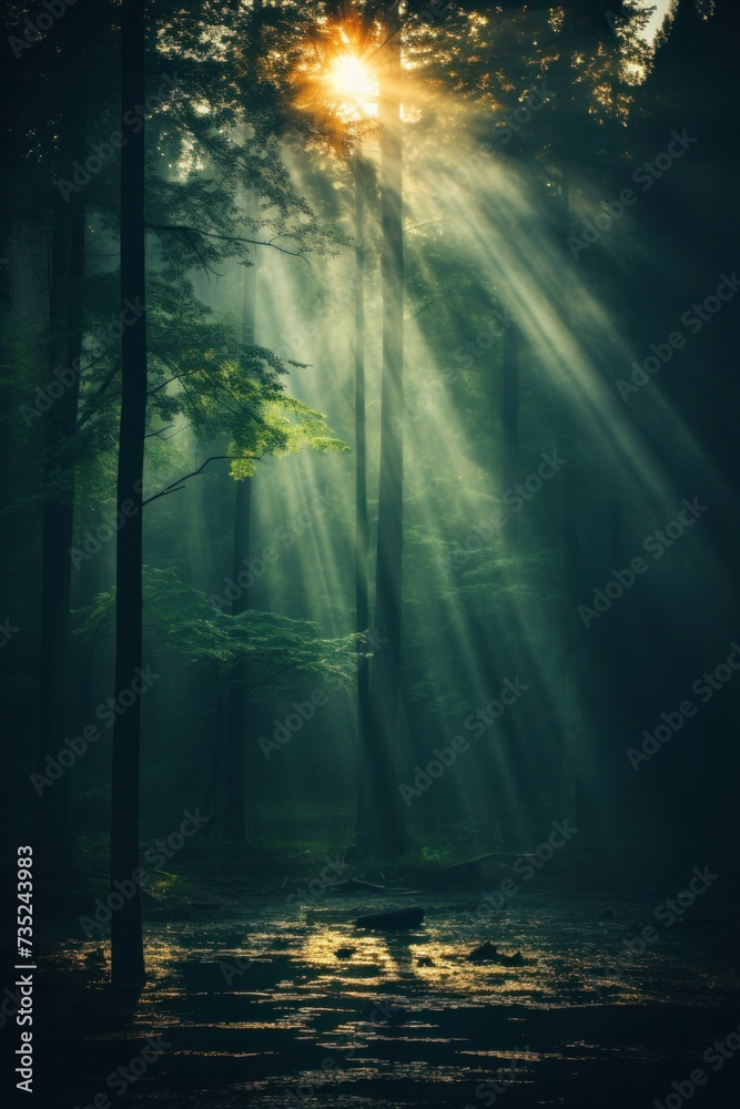 Rays of sunlight shining through the dense canopy of trees in a forest.