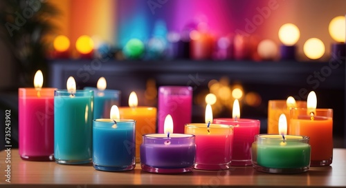 Colorful candles on a table in a living room