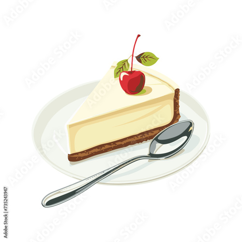 Confectionery, cheesecake with cream and cherry, vector illustration for sticker, print, poster, postcard