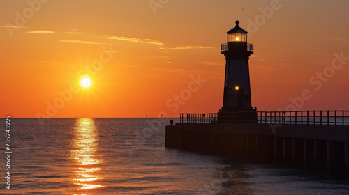 The faint outline of a lighthouse standing watch at the end of the pier adding a charming touch to the already beautiful sunset scene.