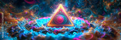 Acid Trippy Abstract Colorful Psychedelic Mandala Magic Triangle in LSD Waves Style Background created with Generative AI Technology © Sentoriak