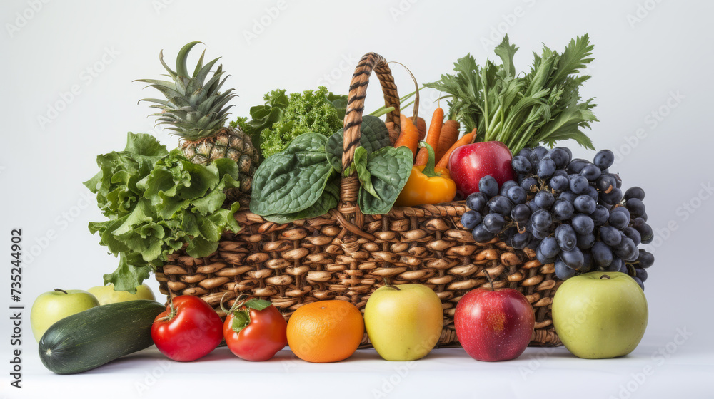 An assortment of colorful fresh vegetables and fruits spilling out of a wicker basket, representing a healthy diet and nutrition.