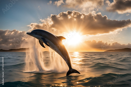 Playful dolphin jumping into the sea during sunset.