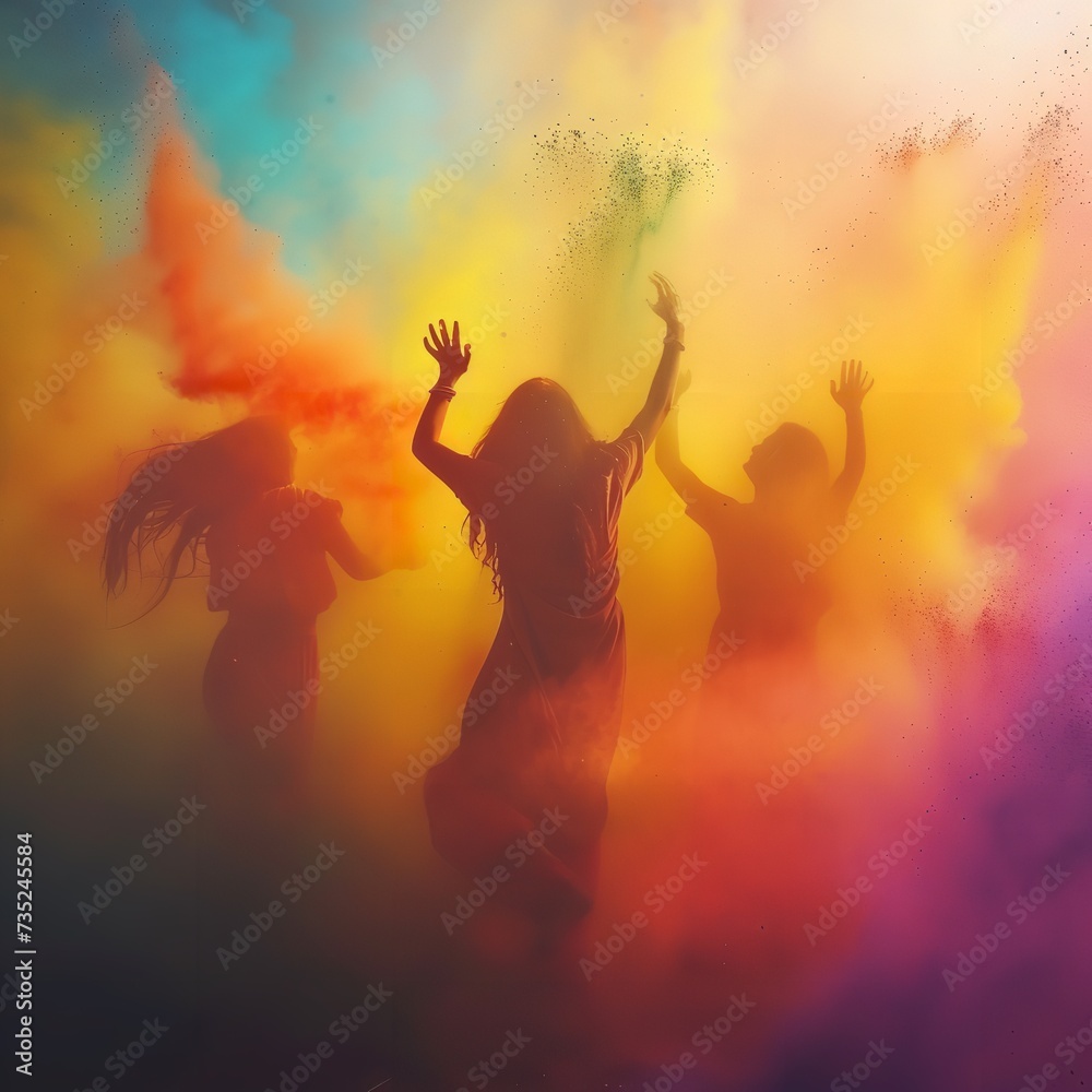 Holi color festival. Womans celebrating the Holi festival of colors and throwing multicolored powder in the air. Spring Festival. The Hindu festival of colours in India or Nepal.