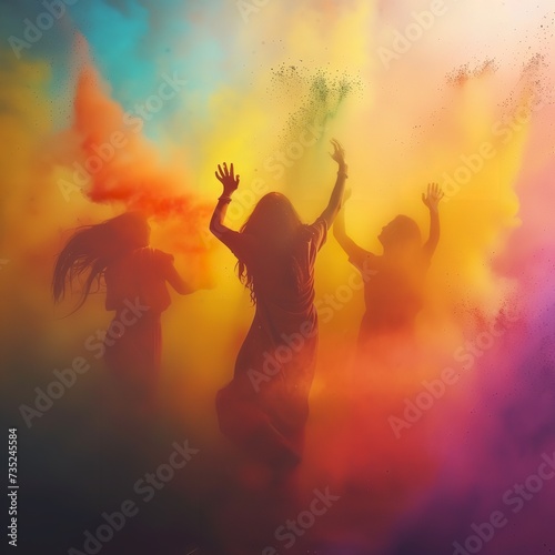 Holi color festival. Womans celebrating the Holi festival of colors and throwing multicolored powder in the air. Spring Festival. The Hindu festival of colours in India or Nepal.