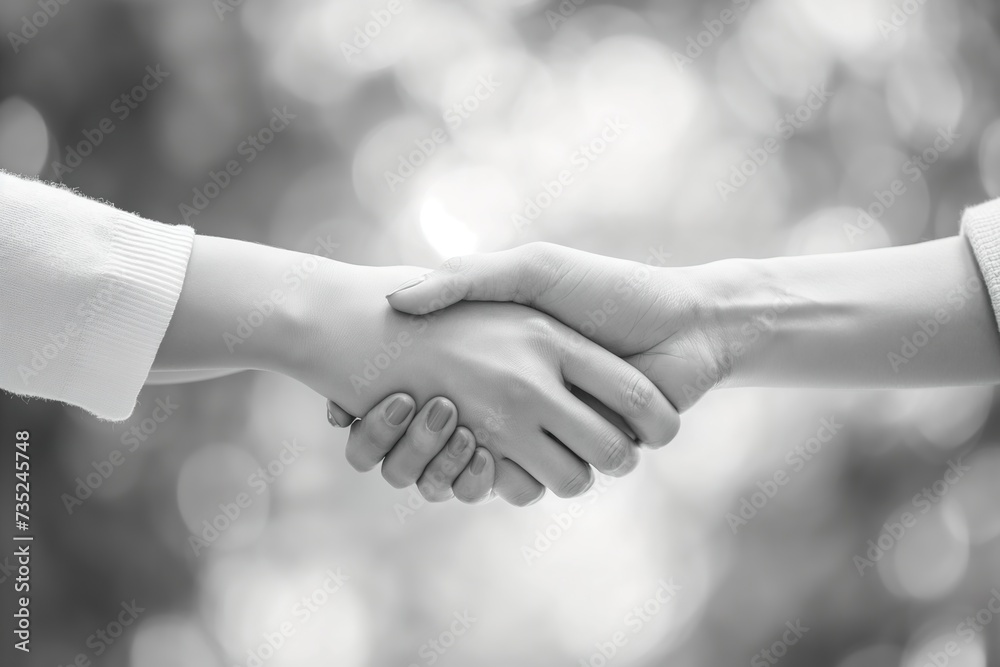 Two individuals engage in a handshake gesture amidst a backdrop of trees.