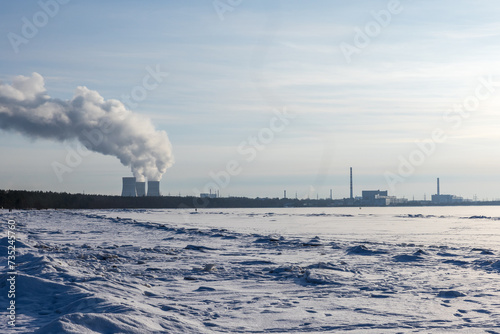 Leningrad Nuclear Plant on the coast of Baltic Sea, winter landscape