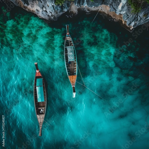 Aerial view of serene sea with boats near rocky coastline. tranquil waters and travel concept. high-quality stock photo. AI © Irina Ukrainets