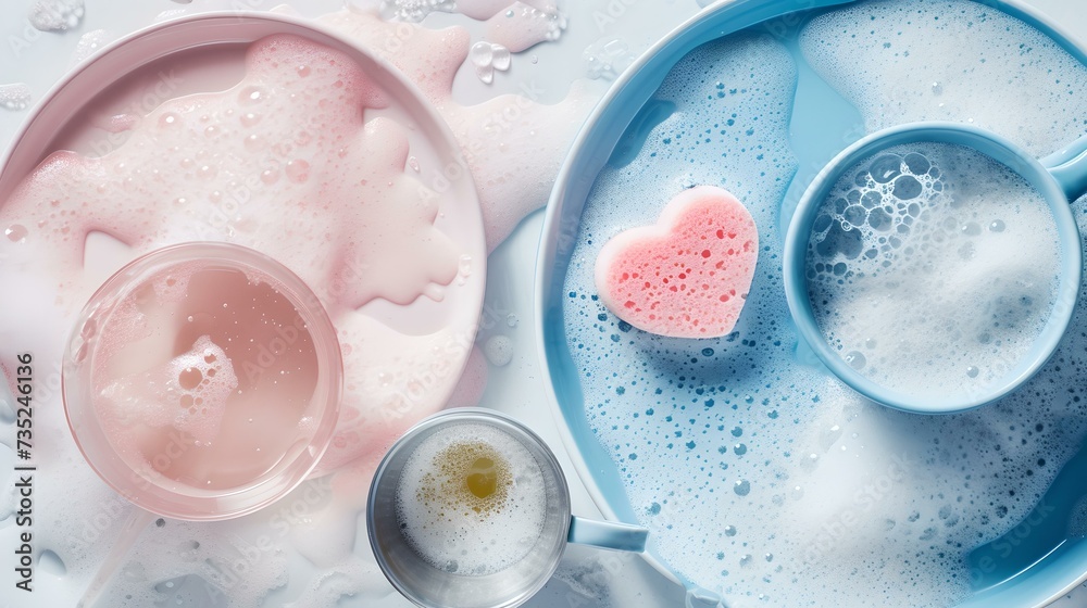 Pink and blue dish soap with sponges in a kitchen setting. cleaning essentials displayed artistically. ideal for hygiene-related content. AI Pink and blue dish soap with sponges in a kitchen setting. cleaning essentials displayed artistically. ideal for hygiene-related content. AI