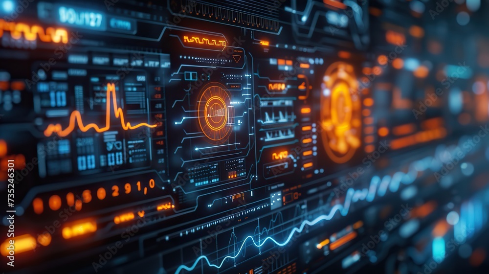 A detailed view of a cybersecurity monitoring interface with complex data analysis graphs, network diagnostics, and security protocols.