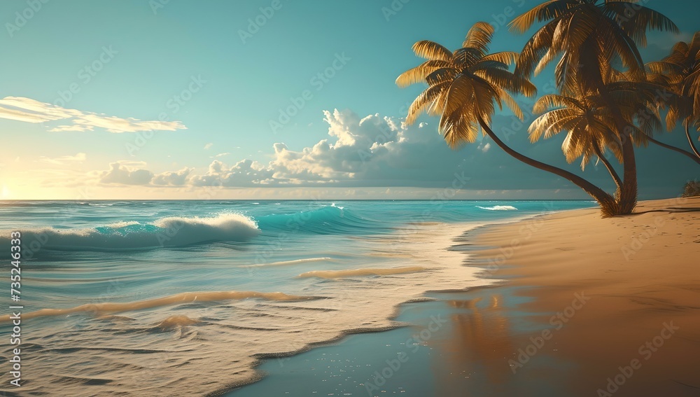 Tranquil tropical beach with golden sand and palm trees at sunset. perfect vacation destination. relaxing scenery concept. AI