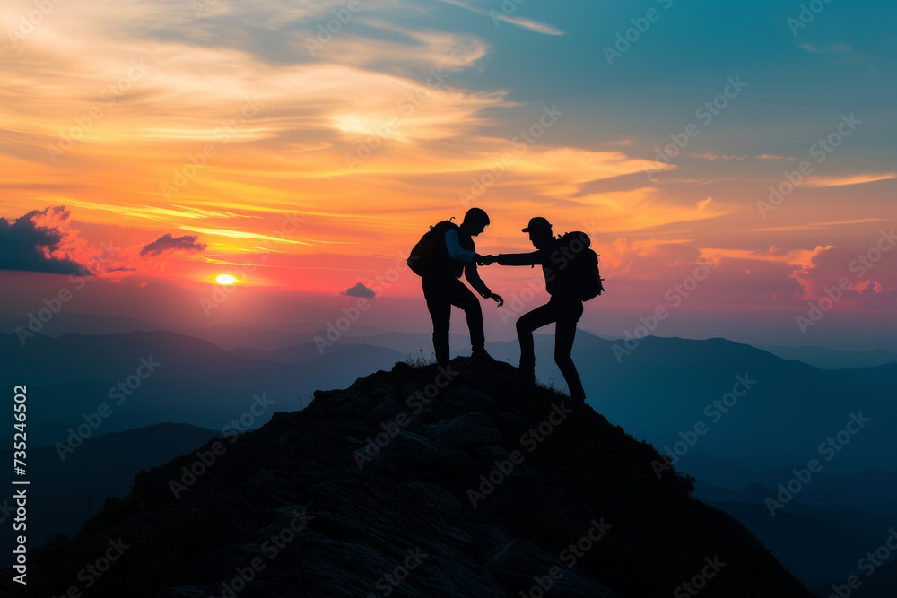 A group of hikers team with backpacks helping each other hike up a mountain. Adventurous lifestyle. Teamwork concept.