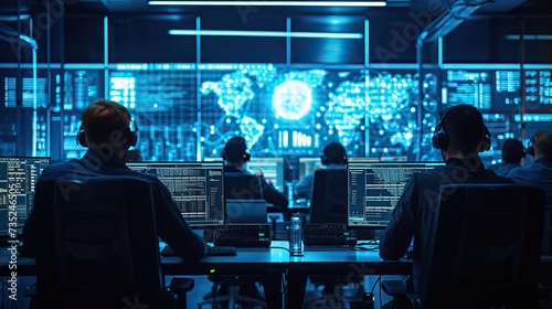 Specialists monitor data on screens in a network operations center, safeguarding against cyber threats in a secure, high-tech environment.