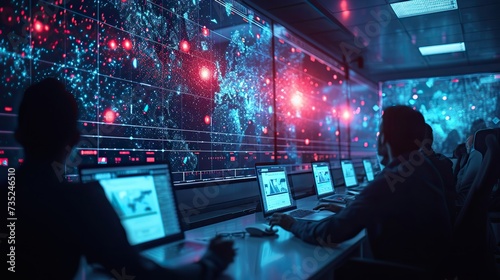 Cybersecurity analysts work in a control room, vigilantly monitoring a large digital wall displaying complex network data to prevent cyber attacks.