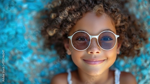 Smiling Curly-Haired Girl in White Round Glasses.