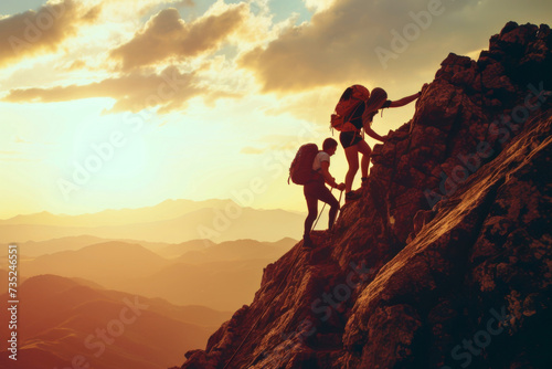 A group of hikers team with backpacks helping each other hike up a mountain. Adventurous lifestyle. Teamwork concept.