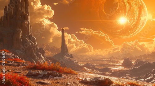 An awe-inspiring view of a golden sunset on an alien planet, complete with towering rock formations and vibrant extraterrestrial flora.