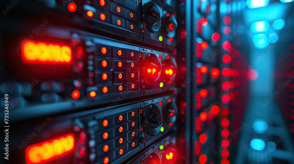 A dynamic view of active server hardware featuring a multitude of red LED lights, highlighting the bustling activity within a data center.