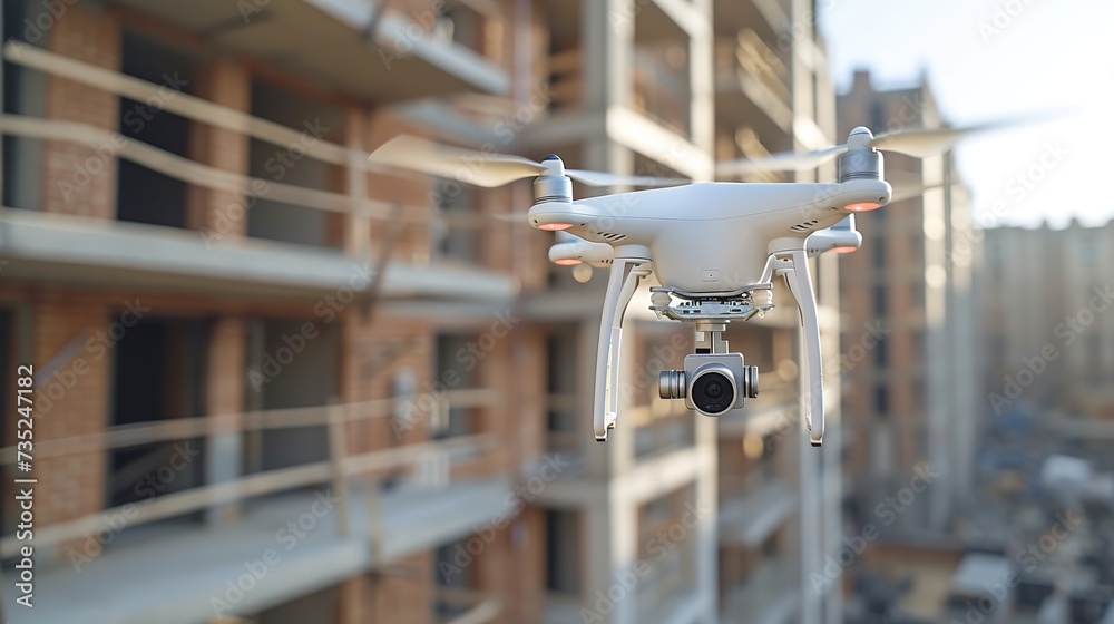 A drone hovers in front of a building under construction, utilizing its camera to inspect and document the progress of the construction work. A drone hovers in front of a building under construction, utilizing its camera to inspect and document the progress of the construction work.