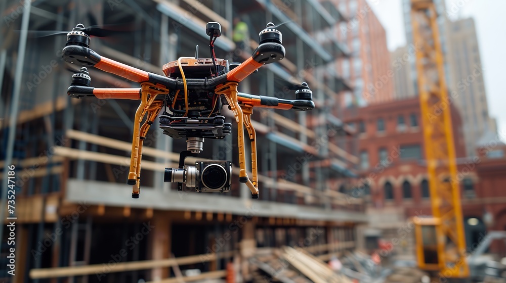 Industrial-grade drone with a mounted camera flying over a construction site to capture detailed images for site analysis and inspection. Industrial-grade drone with a mounted camera flying over a construction site to capture detailed images for site analysis and inspection.