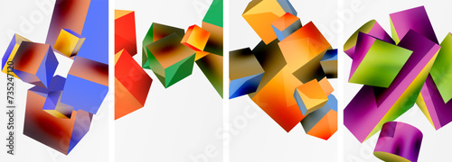 Flying 3d shapes, cubes and other geometric elements background design for wallpaper, business card, cover, poster, banner, brochure, header, website