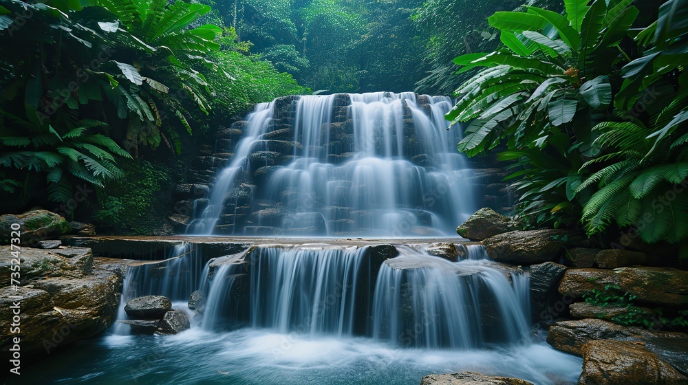 Fototapeta premium Tranquil scene of a majestic waterfall surrounded by lush tropical foliage in a serene jungle setting.
