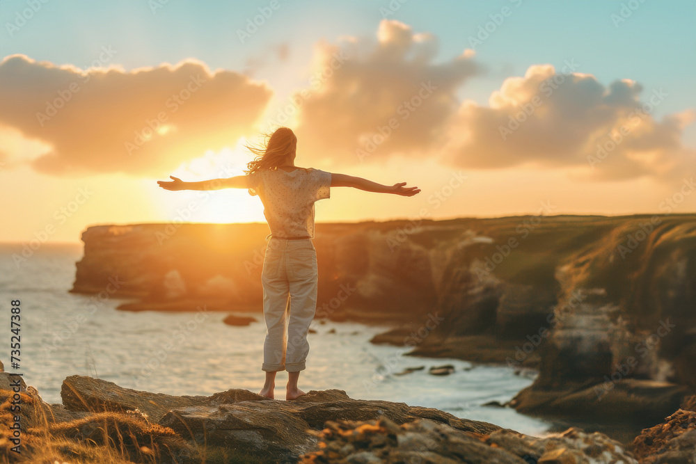 A woman standing in the cliffs with open arms enjoying a beautiful landscape with sunset during summer. Enjoying the sensation of freedom during holidays or vacation in exotic traveling destination