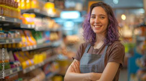 A cheerful supermarket employee in an apron stands smiling in the store, embodying friendly customer service amidst the grocery aisles.