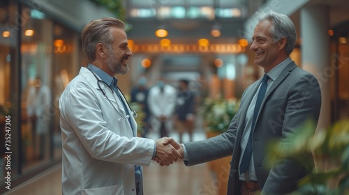 Pharmaceutical Rep and Doctor Shaking Hands in Clinic. photo