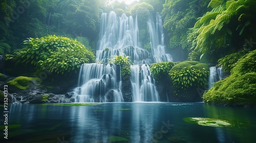 A breathtaking, multi-tiered waterfall surrounded by vibrant green vegetation, with sunlight filtering through the forest canopy.