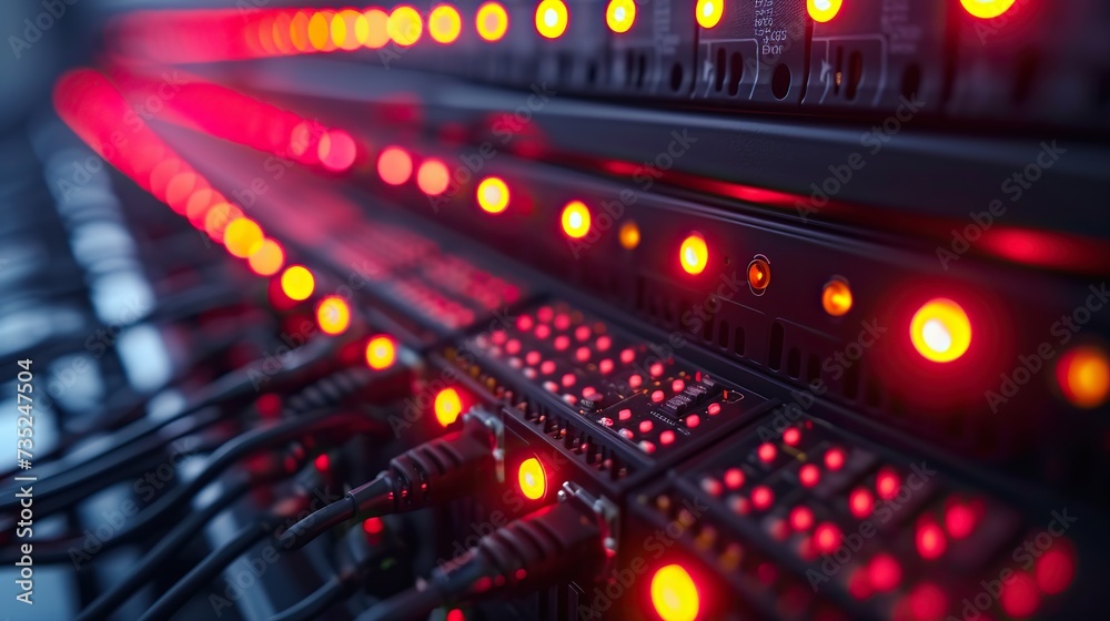 A detailed close-up of a network server's panel featuring an array of red status lights and connected cables, symbolizing active data exchange.