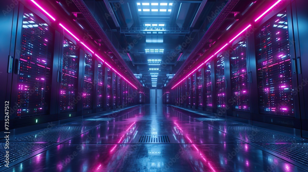 A futuristic data center with rows of high-tech servers illuminated by neon lights, reflecting on the glossy floor.