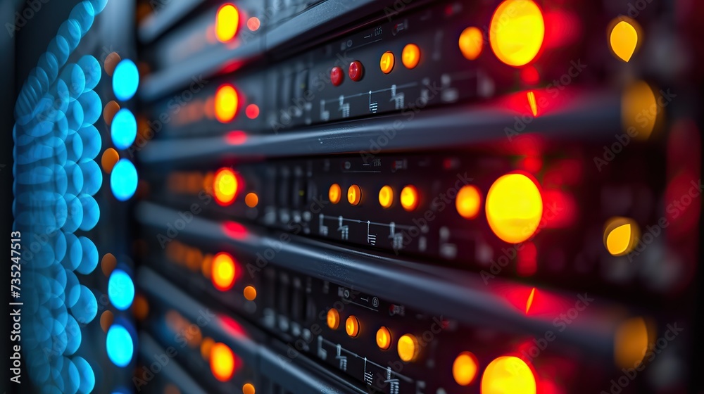 Shallow depth of field image capturing the vibrant red and blue LED lights on a network server rack, symbolizing active data flow.