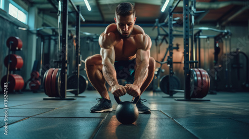 muscular man is intensely focused as he prepares to lift a kettlebell in a gym, with workout equipment and weights in the background.