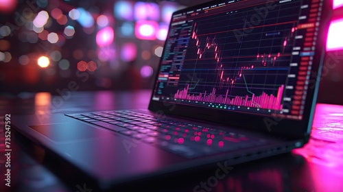 An open laptop with a detailed financial chart on the screen, placed on a surface reflecting neon lights from a vibrant surrounding. photo