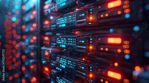 A close-up view of a data center server rack with vibrant blue and red glowing lights, representing high-speed data processing.